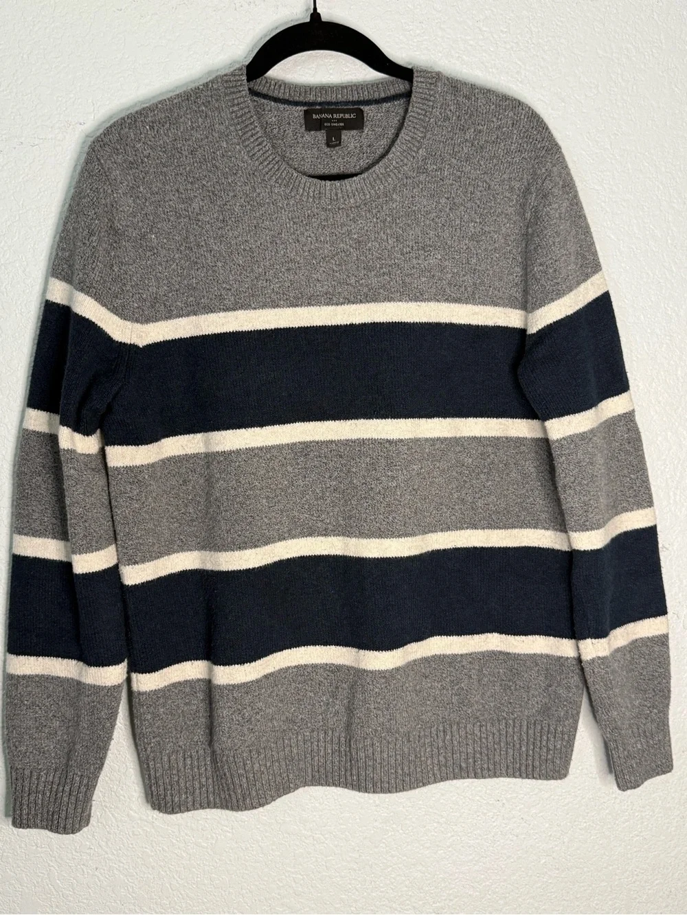 Banana Republic Gray, Navy & Cream Striped Crewneck Sweater - Men's